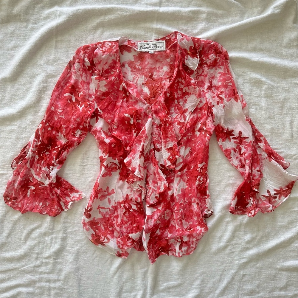 Elegant Red Floral Blouse by Victoria Pappas